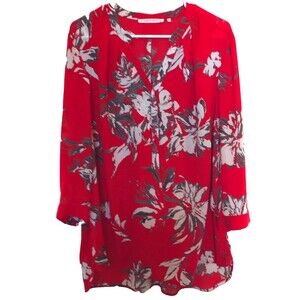 Violet & Claire Chiffon Tunic Woman 2X Red w/Floral Print Peasant Blouse Top
